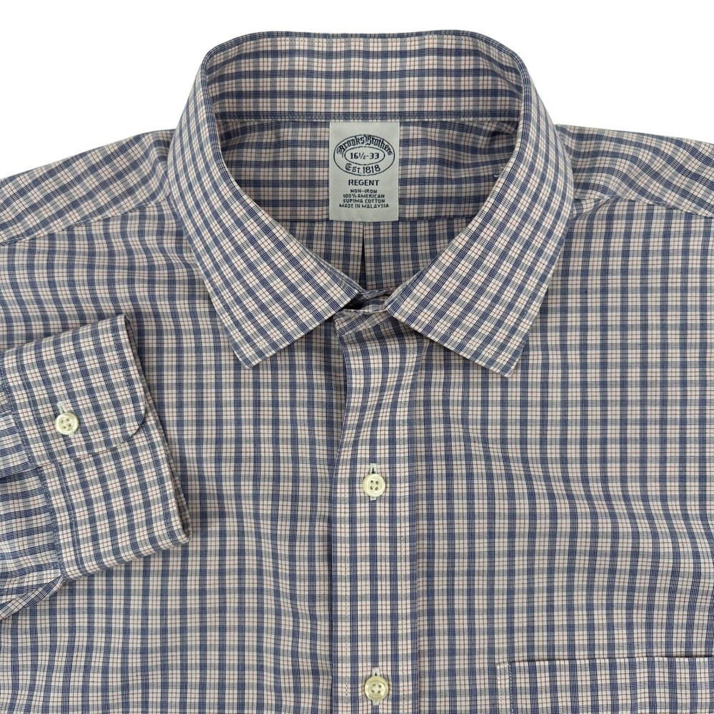 Brooks Brothers Regent Dress Shirt 16.5 33 Non-Iron Supima Cotton Blue Red Check
